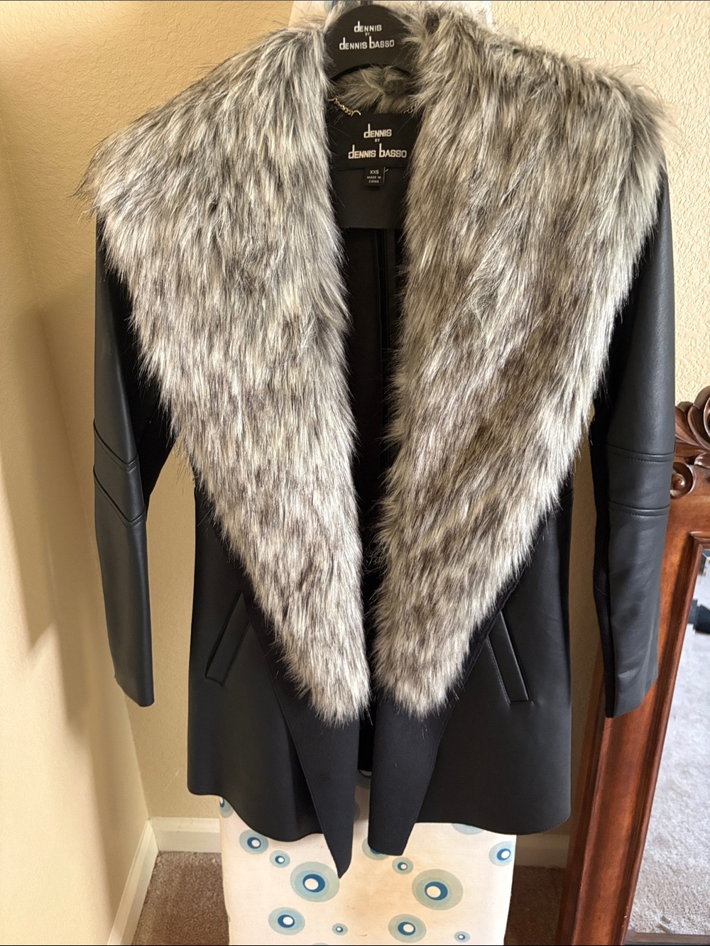 dennis basso Black Coat with Gray Faux Fur Shawl Collar